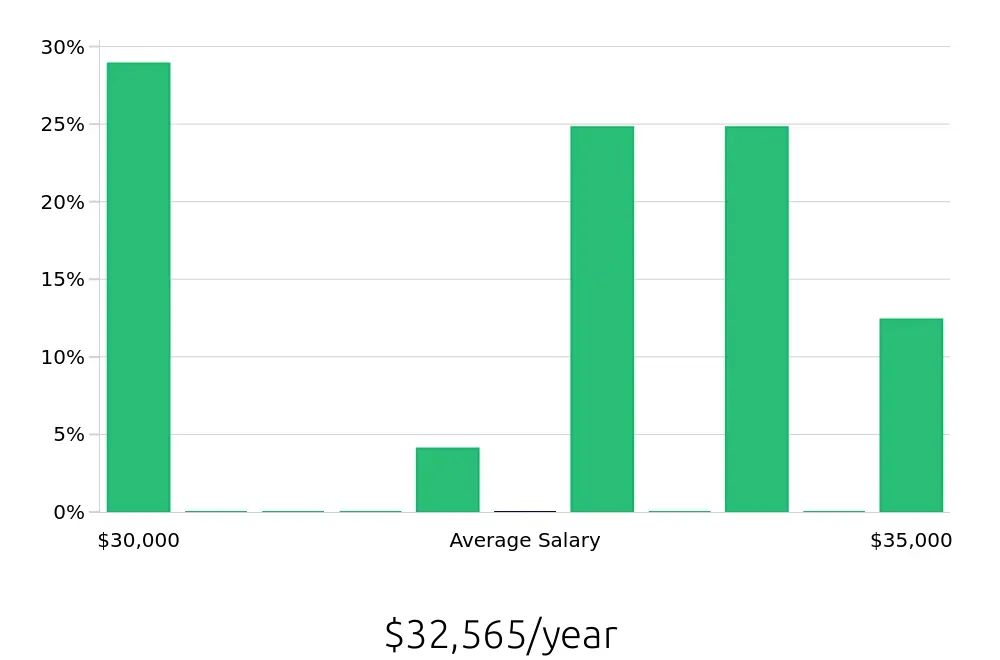 Graph depicting the yearly salary distribution for Stocker jobs in Blaine, MN, showing an average salary of $32,565 with varying distribution percentages across salary ranges.