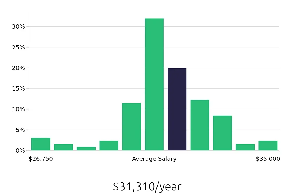 Graph depicting the yearly salary distribution for Stocker jobs in Buffalo, NY, showing an average salary of $31,310 with varying distribution percentages across salary ranges.