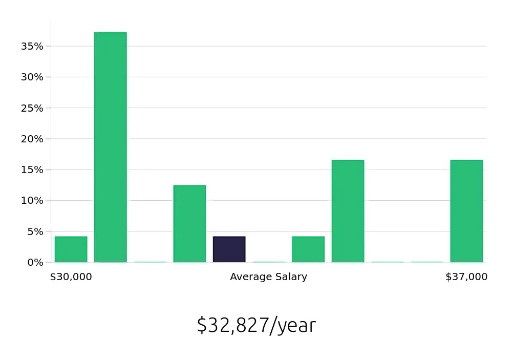 Graph depicting the yearly salary distribution for Stocker jobs in Cape Girardeau, MO, showing an average salary of $32,827 with varying distribution percentages across salary ranges.