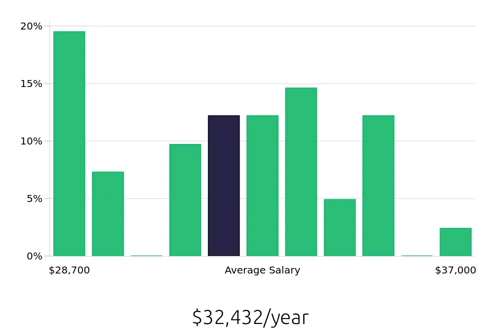 Graph depicting the yearly salary distribution for Stocker jobs in Chandler, AZ, showing an average salary of $32,432 with varying distribution percentages across salary ranges.