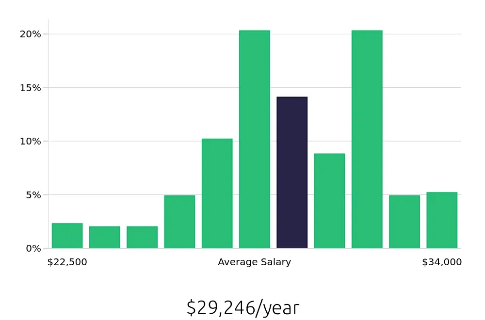 Graph depicting the yearly salary distribution for Stocker jobs in Charlotte, NC, showing an average salary of $29,246 with varying distribution percentages across salary ranges.