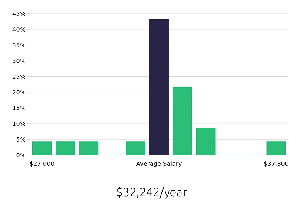 Graph depicting the yearly salary distribution for Stocker jobs in Cheyenne, WY, showing an average salary of $32,242 with varying distribution percentages across salary ranges.