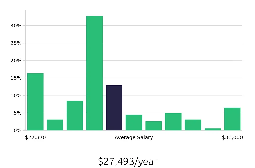 Graph depicting the yearly salary distribution for Stocker jobs in Cincinnati, OH, showing an average salary of $27,493 with varying distribution percentages across salary ranges.