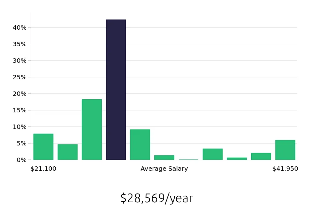Graph depicting the yearly salary distribution for Stocker jobs in Cleveland, OH, showing an average salary of $28,569 with varying distribution percentages across salary ranges.
