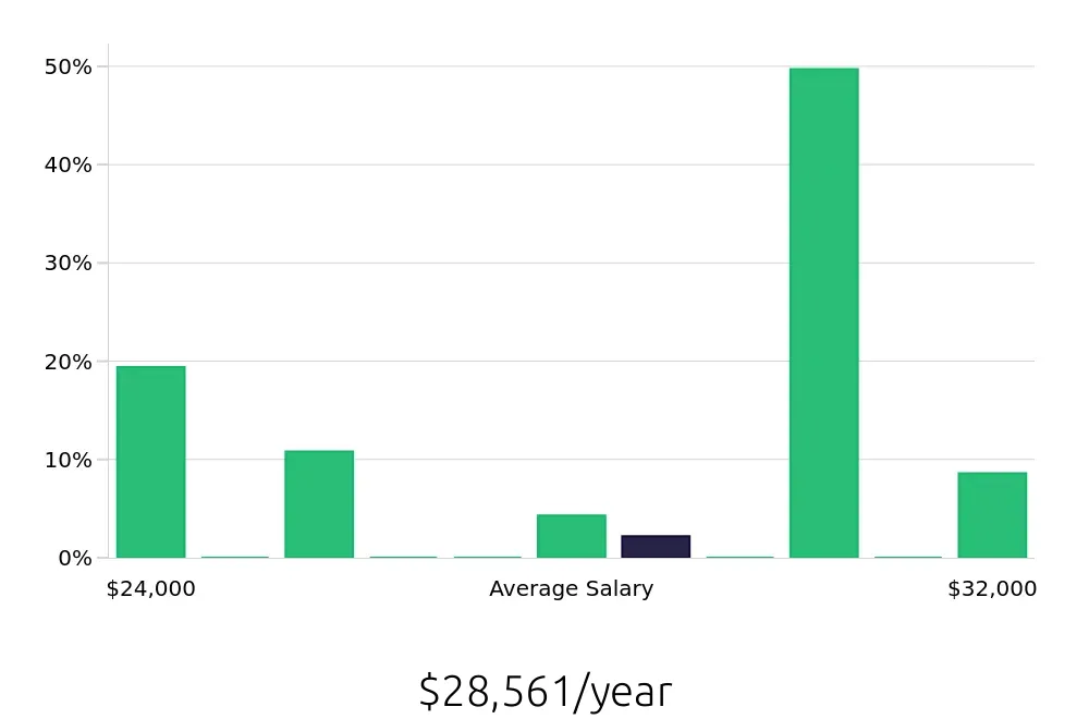 Graph depicting the yearly salary distribution for Stocker jobs in Concord, NC, showing an average salary of $28,561 with varying distribution percentages across salary ranges.