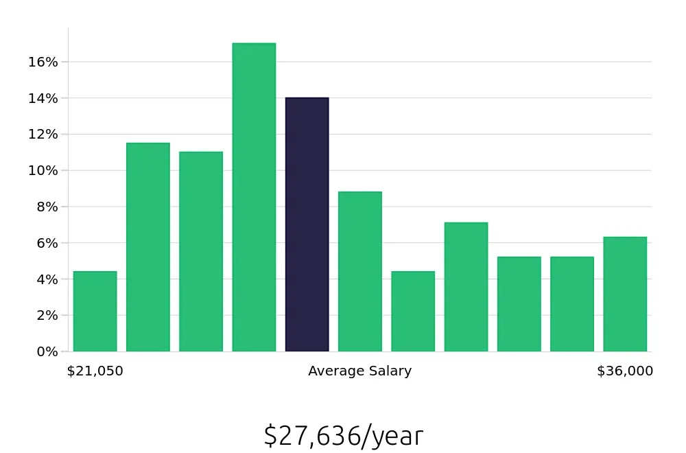 Graph depicting the yearly salary distribution for Stocker jobs in Dallas, TX, showing an average salary of $27,636 with varying distribution percentages across salary ranges.