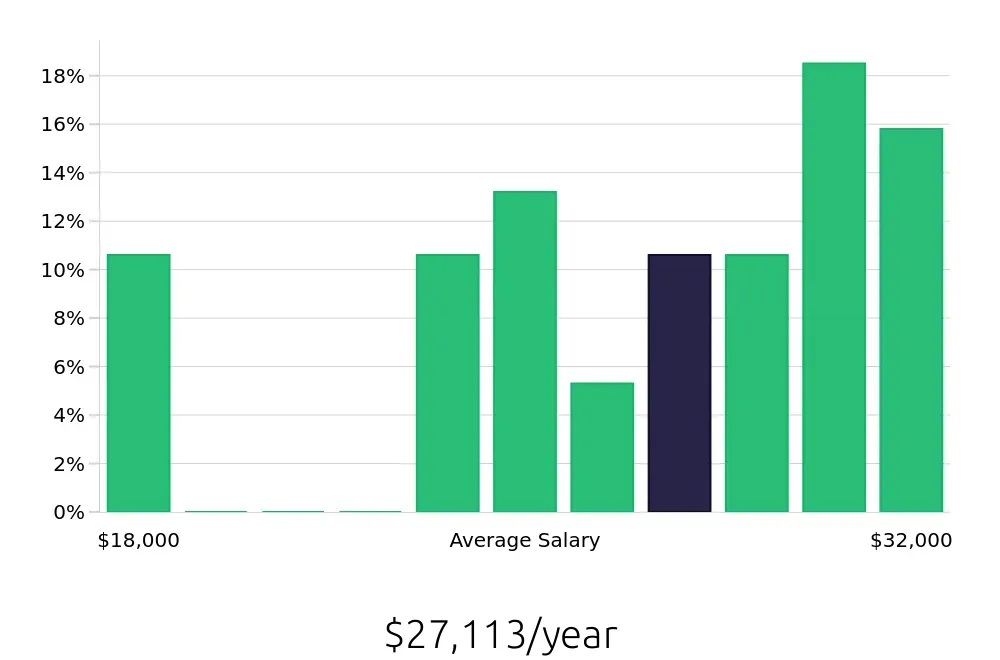 Graph depicting the yearly salary distribution for Stocker jobs in Denton, TX, showing an average salary of $27,113 with varying distribution percentages across salary ranges.