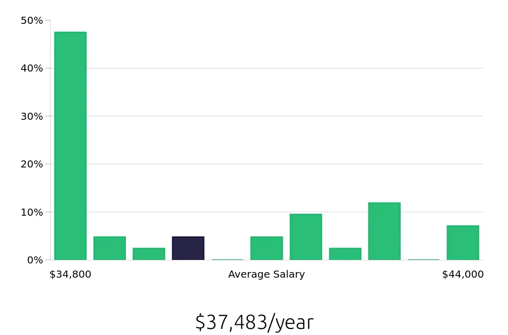 Graph depicting the yearly salary distribution for Stocker jobs in Irvine, CA, showing an average salary of $37,483 with varying distribution percentages across salary ranges.