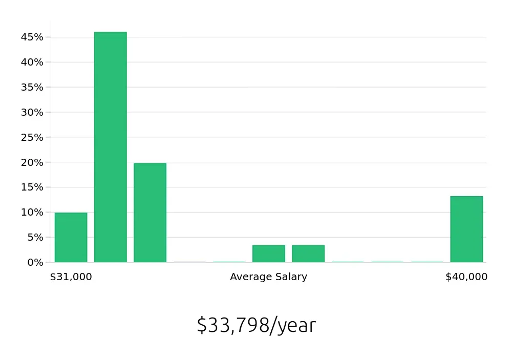 Graph depicting the yearly salary distribution for Stocker jobs in Lancaster, CA, showing an average salary of $33,798 with varying distribution percentages across salary ranges.