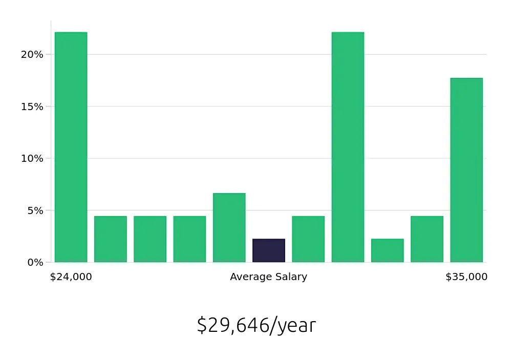 Graph depicting the yearly salary distribution for Stocker jobs in Lancaster, PA, showing an average salary of $29,646 with varying distribution percentages across salary ranges.