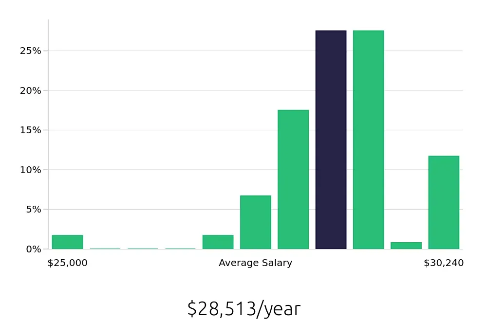 Graph depicting the yearly salary distribution for Stocker jobs in Langhorne, PA, showing an average salary of $28,513 with varying distribution percentages across salary ranges.