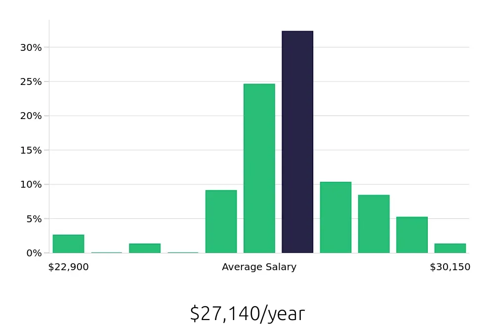 Graph depicting the yearly salary distribution for Stocker jobs in Marietta, GA, showing an average salary of $27,140 with varying distribution percentages across salary ranges.