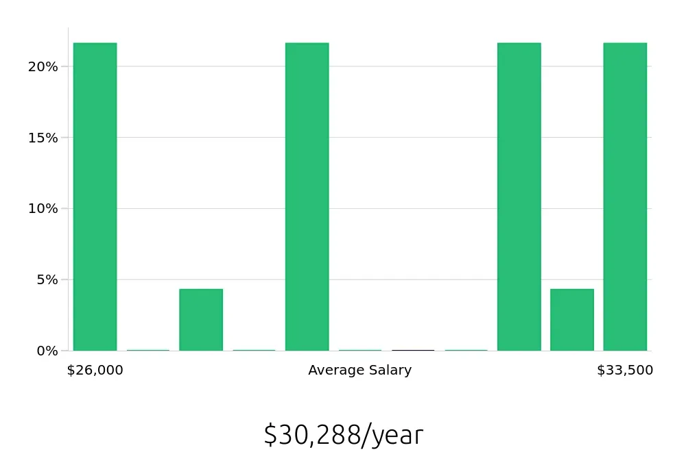 Graph depicting the yearly salary distribution for Stocker jobs in Meridian, ID, showing an average salary of $30,288 with varying distribution percentages across salary ranges.