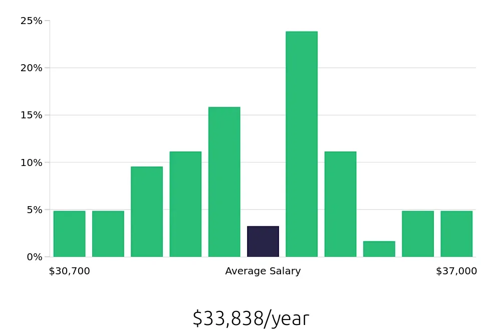 Graph depicting the yearly salary distribution for Stocker jobs in Missoula, MT, showing an average salary of $33,838 with varying distribution percentages across salary ranges.