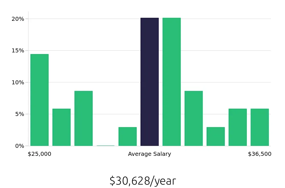 Graph depicting the yearly salary distribution for Stocker jobs in Norfolk, VA, showing an average salary of $30,628 with varying distribution percentages across salary ranges.