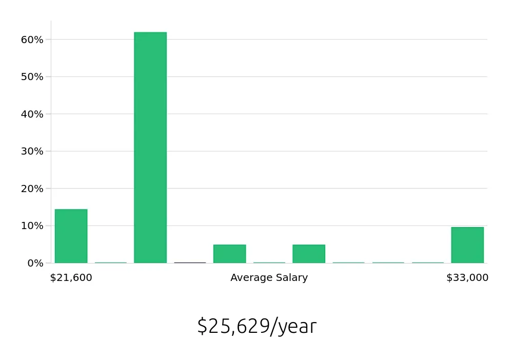 Graph depicting the yearly salary distribution for Stocker jobs in Parma, OH, showing an average salary of $25,629 with varying distribution percentages across salary ranges.