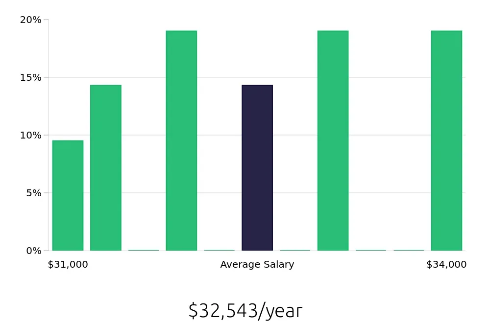 Graph depicting the yearly salary distribution for Stocker jobs in Pittsfield, MA, showing an average salary of $32,543 with varying distribution percentages across salary ranges.