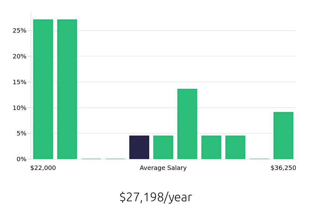 Graph depicting the yearly salary distribution for Stocker jobs in Saginaw, MI, showing an average salary of $27,198 with varying distribution percentages across salary ranges.