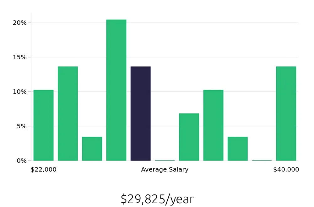 Graph depicting the yearly salary distribution for Stocker jobs in Saint Petersburg, FL, showing an average salary of $29,825 with varying distribution percentages across salary ranges.