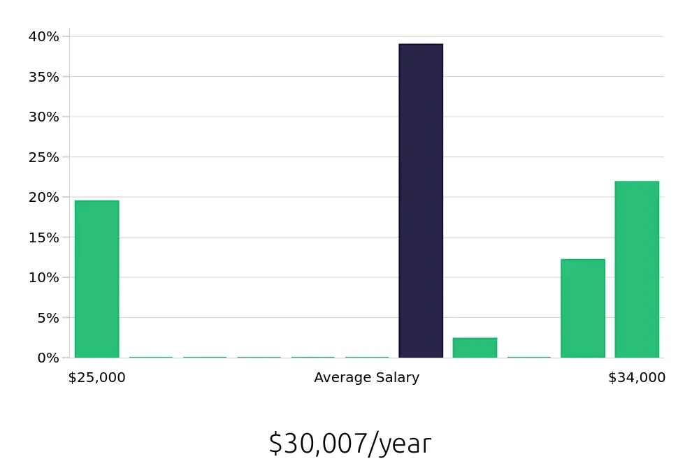 Graph depicting the yearly salary distribution for Stocker jobs in Southaven, MS, showing an average salary of $30,007 with varying distribution percentages across salary ranges.