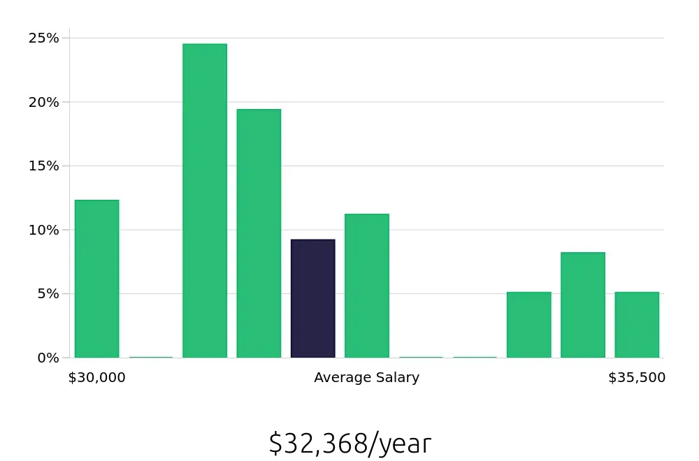 Graph depicting the yearly salary distribution for Stocker jobs in Syracuse, NY, showing an average salary of $32,368 with varying distribution percentages across salary ranges.