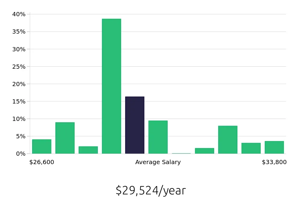 Graph depicting the yearly salary distribution for Stocker jobs in Tucson, AZ, showing an average salary of $29,524 with varying distribution percentages across salary ranges.