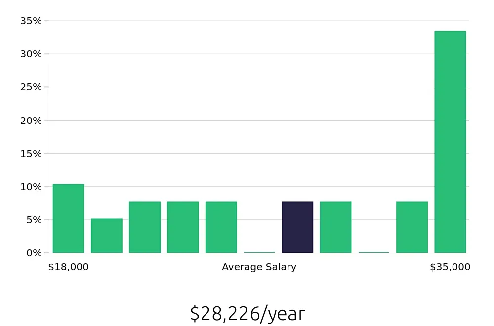 Graph depicting the yearly salary distribution for Stocker jobs in Waco, TX, showing an average salary of $28,226 with varying distribution percentages across salary ranges.