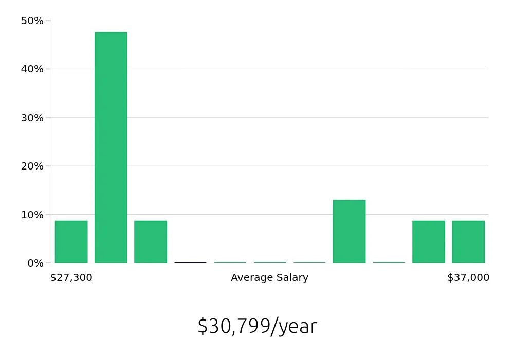 Graph depicting the yearly salary distribution for Stocker jobs in Westminster, CO, showing an average salary of $30,799 with varying distribution percentages across salary ranges.