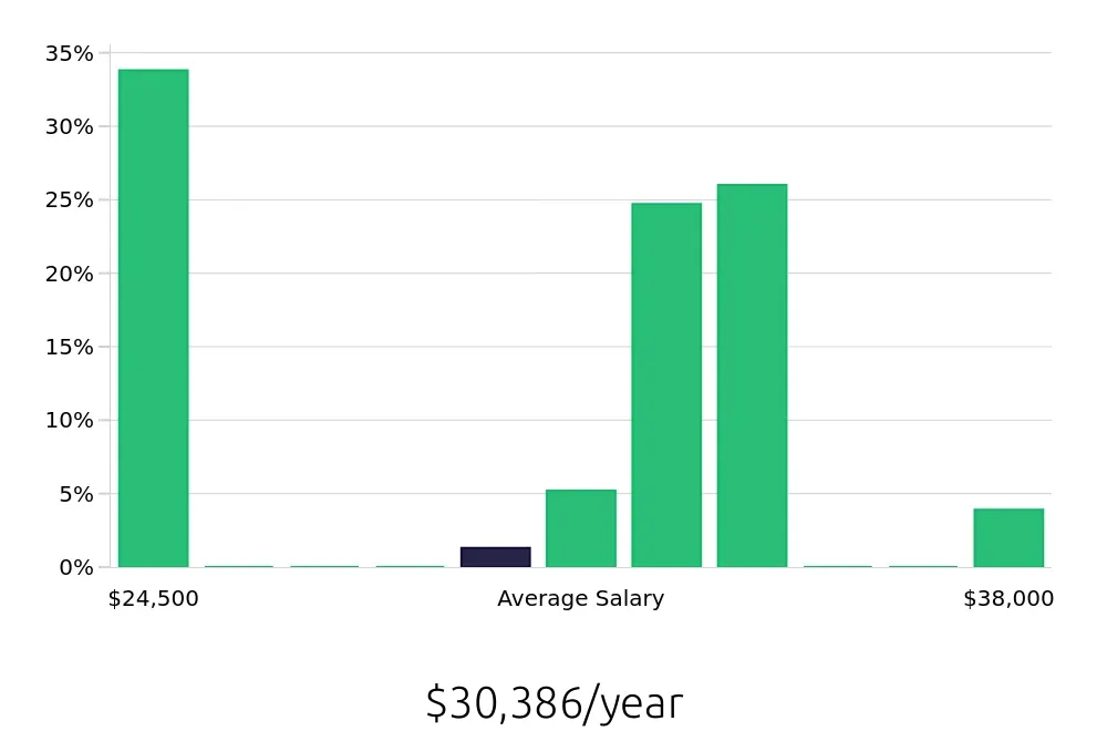 Graph depicting the yearly salary distribution for Store Associate jobs in Bethlehem, PA, showing an average salary of $30,386 with varying distribution percentages across salary ranges.
