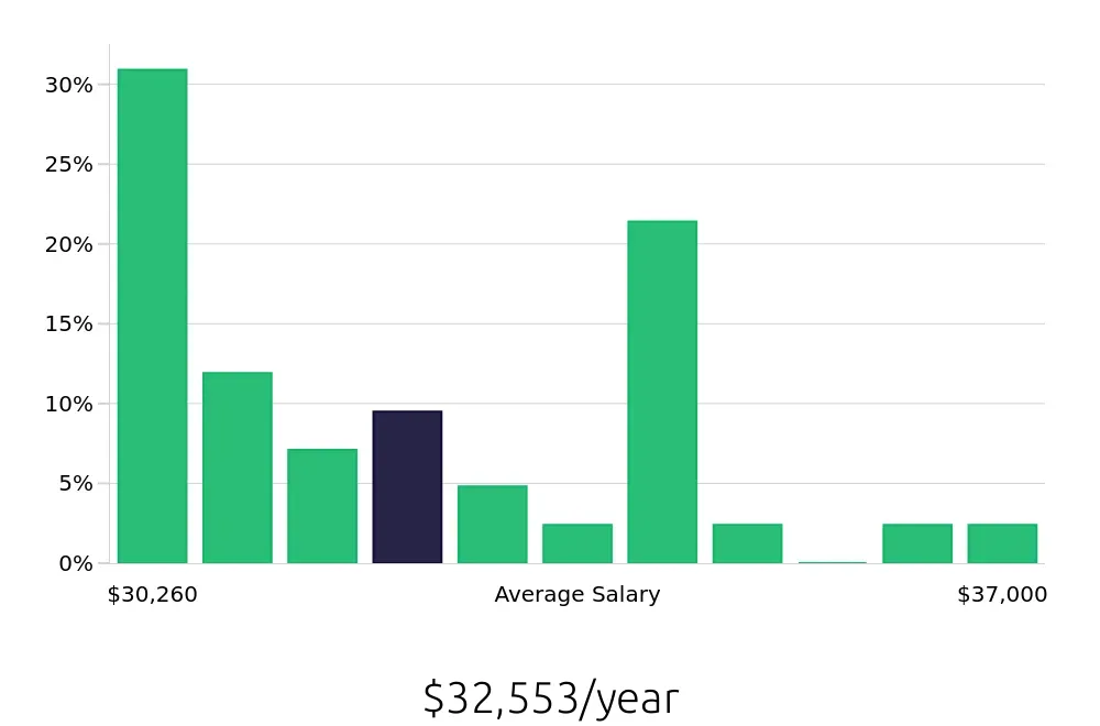 Graph depicting the yearly salary distribution for Store Associate jobs in Bridgewater, NJ, showing an average salary of $32,553 with varying distribution percentages across salary ranges.