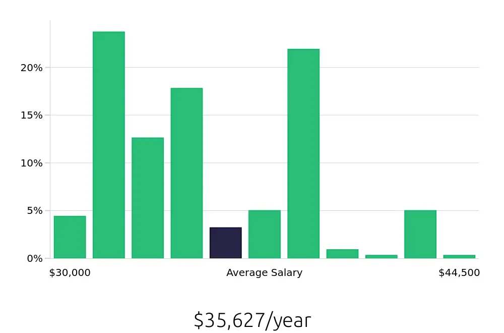 Graph depicting the yearly salary distribution for Store Associate jobs in Brooklyn, NY, showing an average salary of $35,627 with varying distribution percentages across salary ranges.
