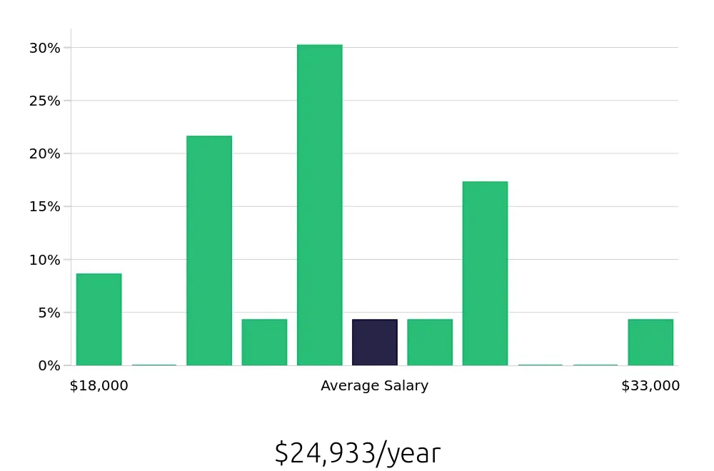 Graph depicting the yearly salary distribution for Store Associate jobs in Brownsville, TX, showing an average salary of $24,933 with varying distribution percentages across salary ranges.