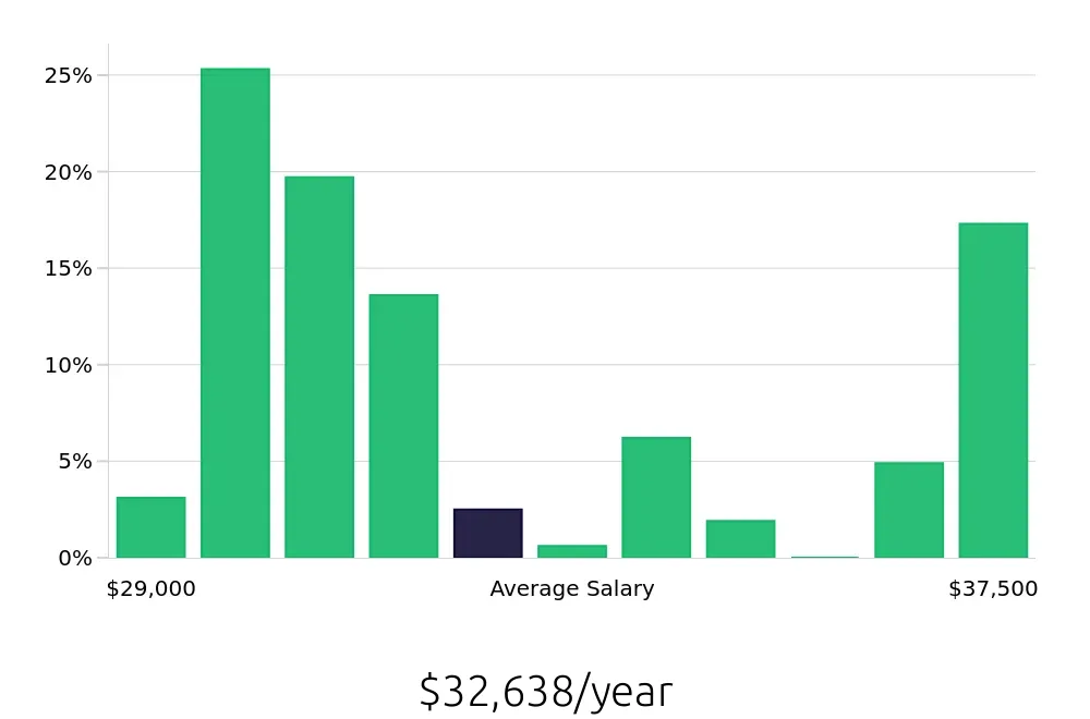 Graph depicting the yearly salary distribution for Store Associate jobs in Buffalo, NY, showing an average salary of $32,638 with varying distribution percentages across salary ranges.