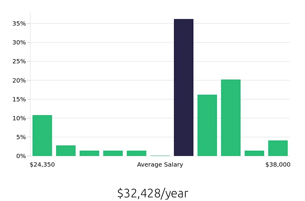 Graph depicting the yearly salary distribution for Store Associate jobs in Carmel, IN, showing an average salary of $32,428 with varying distribution percentages across salary ranges.