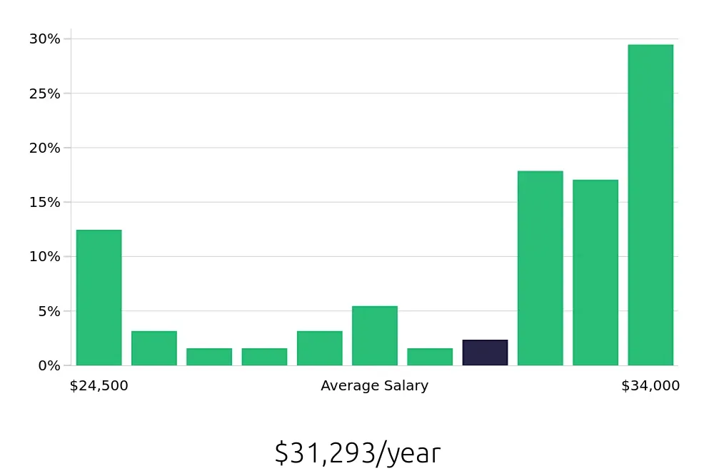 Graph depicting the yearly salary distribution for Store Associate jobs in Cary, NC, showing an average salary of $31,293 with varying distribution percentages across salary ranges.