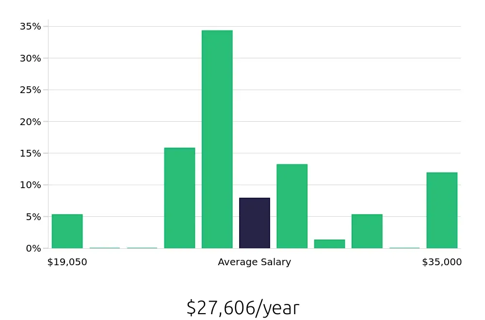 Graph depicting the yearly salary distribution for Store Associate jobs in Fenton, MI, showing an average salary of $27,606 with varying distribution percentages across salary ranges.