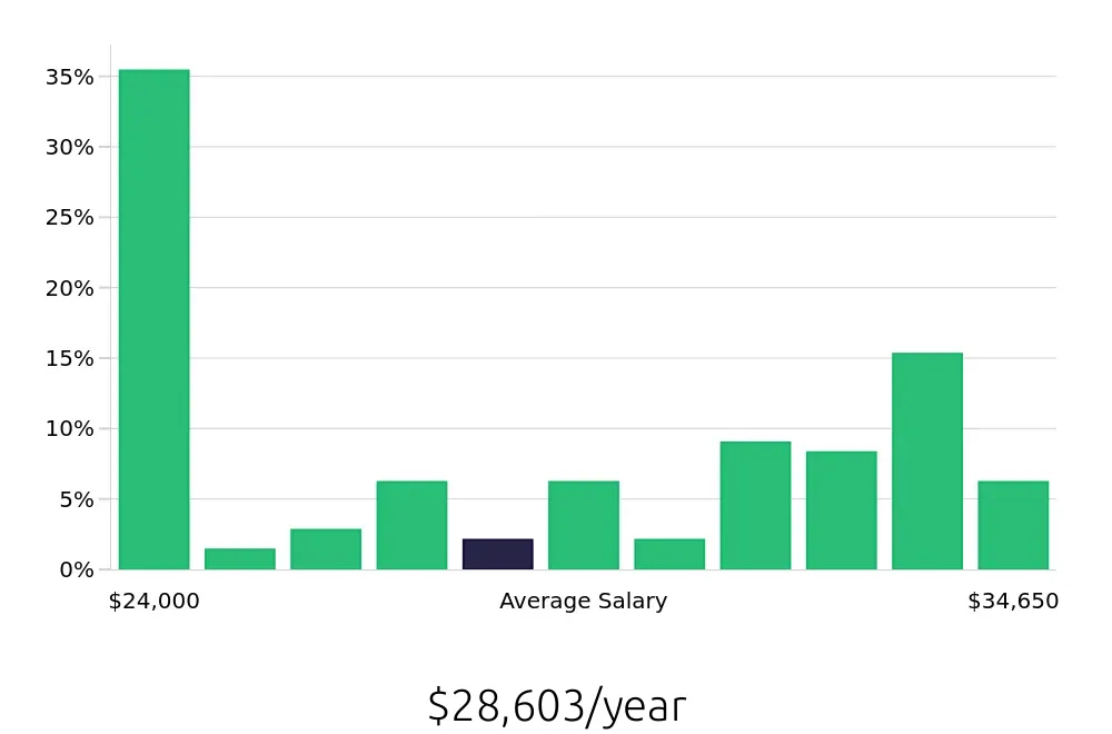 Graph depicting the yearly salary distribution for Store Associate jobs in Grand Prairie, TX, showing an average salary of $28,603 with varying distribution percentages across salary ranges.