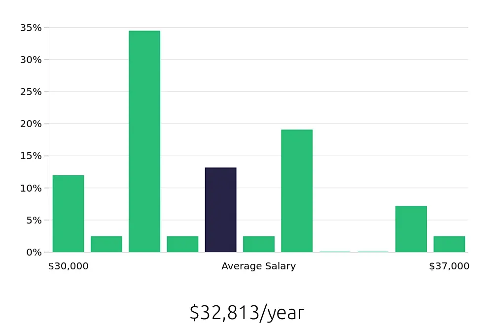 Graph depicting the yearly salary distribution for Store Associate jobs in Hagerstown, MD, showing an average salary of $32,813 with varying distribution percentages across salary ranges.