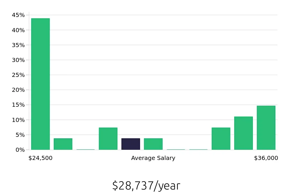 Graph depicting the yearly salary distribution for Store Associate jobs in Knightdale, NC, showing an average salary of $28,737 with varying distribution percentages across salary ranges.