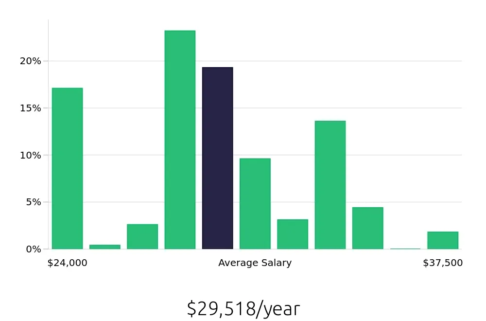 Graph depicting the yearly salary distribution for Store Associate jobs in Little Rock, AR, showing an average salary of $29,518 with varying distribution percentages across salary ranges.