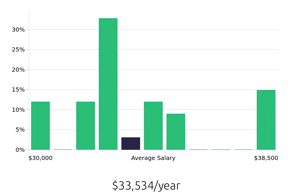 Graph depicting the yearly salary distribution for Store Associate jobs in Long Island City, NY, showing an average salary of $33,534 with varying distribution percentages across salary ranges.