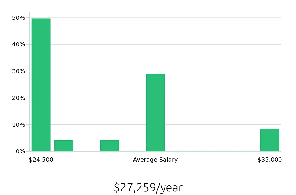 Graph depicting the yearly salary distribution for Store Associate jobs in Marquette, MI, showing an average salary of $27,259 with varying distribution percentages across salary ranges.