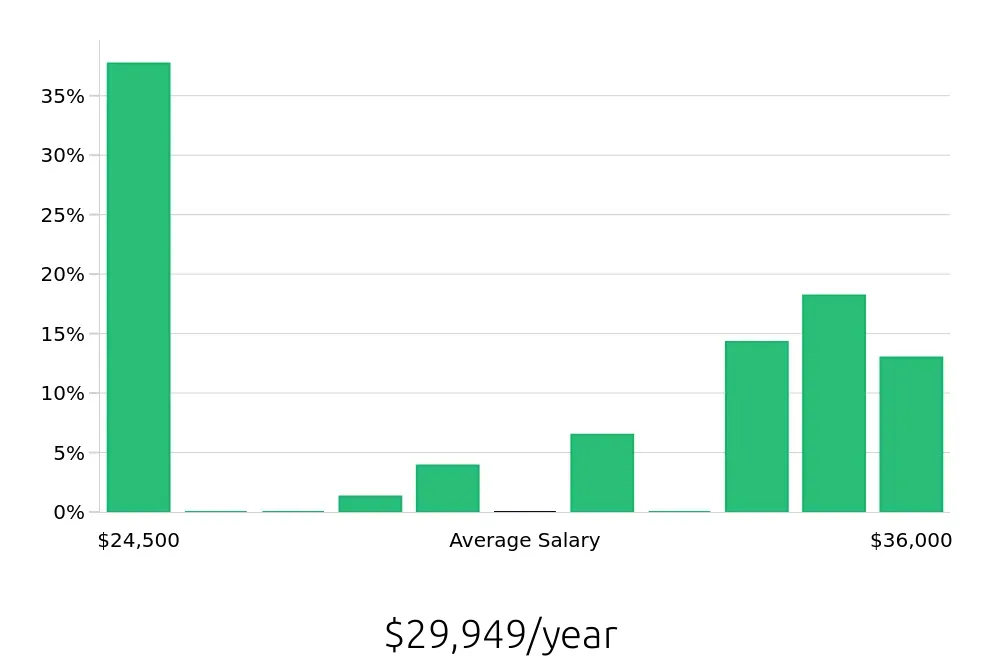 Graph depicting the yearly salary distribution for Store Associate jobs in Mechanicsburg, PA, showing an average salary of $29,949 with varying distribution percentages across salary ranges.