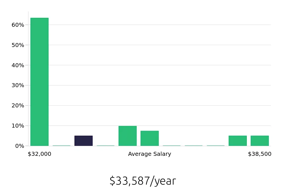 Graph depicting the yearly salary distribution for Store Associate jobs in Menifee, CA, showing an average salary of $33,587 with varying distribution percentages across salary ranges.