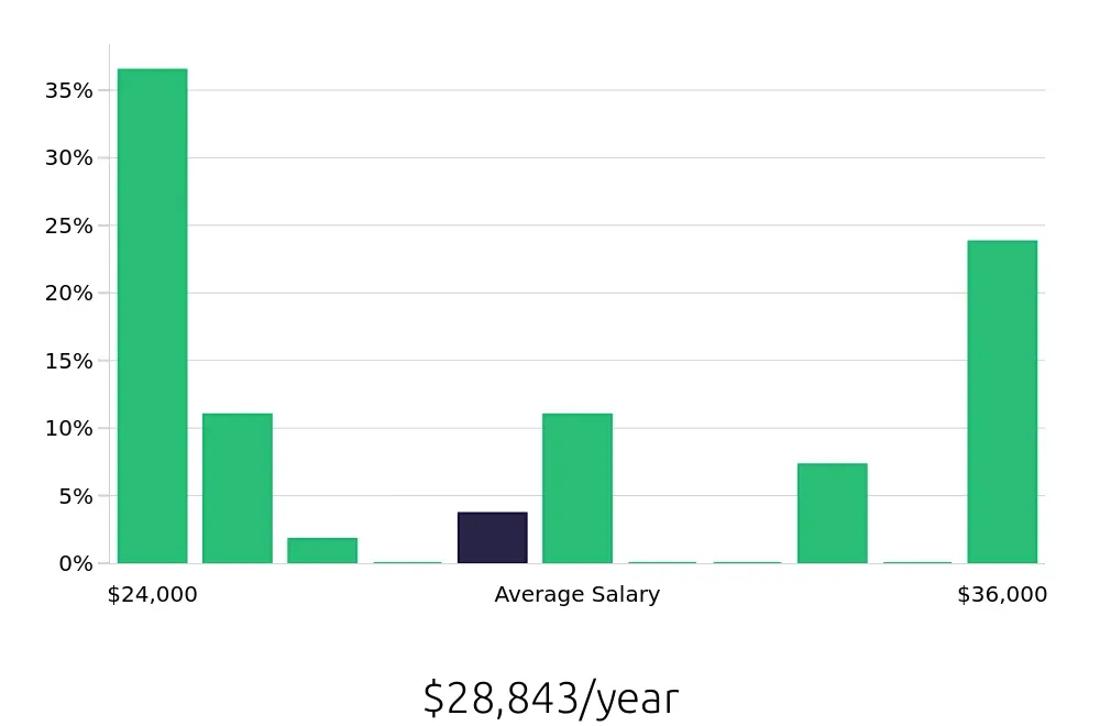 Graph depicting the yearly salary distribution for Store Associate jobs in Mentor, OH, showing an average salary of $28,843 with varying distribution percentages across salary ranges.