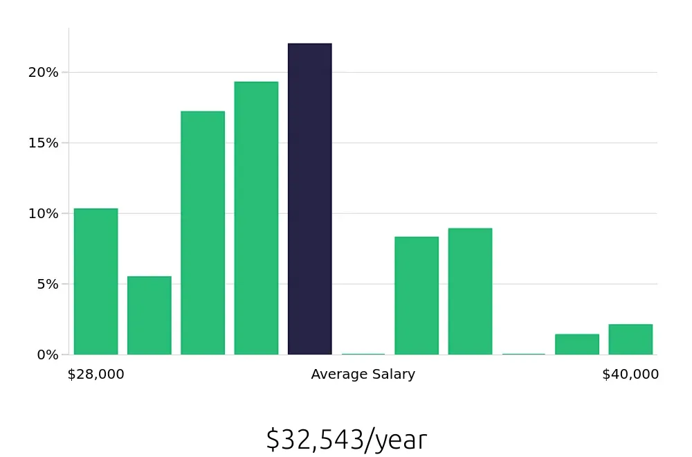 Graph depicting the yearly salary distribution for Store Associate jobs in Mount Pleasant, SC, showing an average salary of $32,543 with varying distribution percentages across salary ranges.