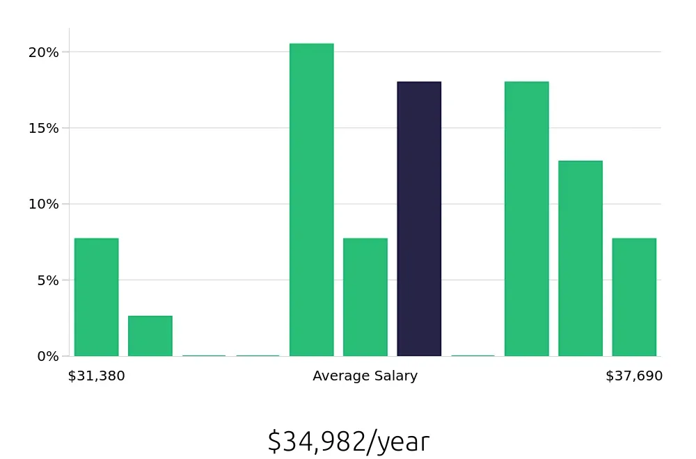 Graph depicting the yearly salary distribution for Store Associate jobs in New Britain, CT, showing an average salary of $34,982 with varying distribution percentages across salary ranges.