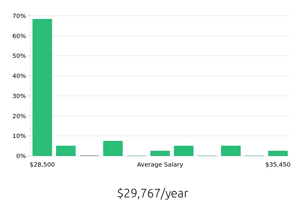 Graph depicting the yearly salary distribution for Store Associate jobs in Oak Lawn, IL, showing an average salary of $29,767 with varying distribution percentages across salary ranges.