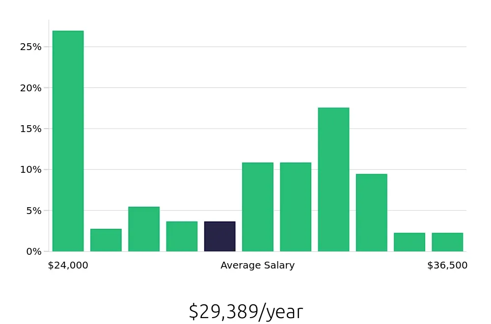 Graph depicting the yearly salary distribution for Store Associate jobs in Plano, TX, showing an average salary of $29,389 with varying distribution percentages across salary ranges.