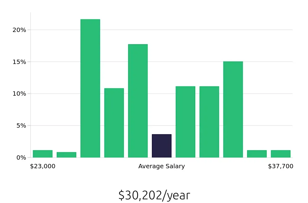 Graph depicting the yearly salary distribution for Store Associate jobs in Raleigh, NC, showing an average salary of $30,202 with varying distribution percentages across salary ranges.
